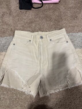 American Eagle Outfitters Cream Frayed Hem Jean Shorts